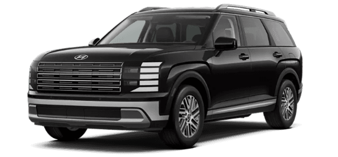 Black 2026 Hyundai Palisade SEL SUV in a front three quarter view on a transparent background with a broad horizontal grille, stacked LED lighting signature, silver lower bumper accent, silver rocker side trim, roof rails, and silver multi spoke wheels.