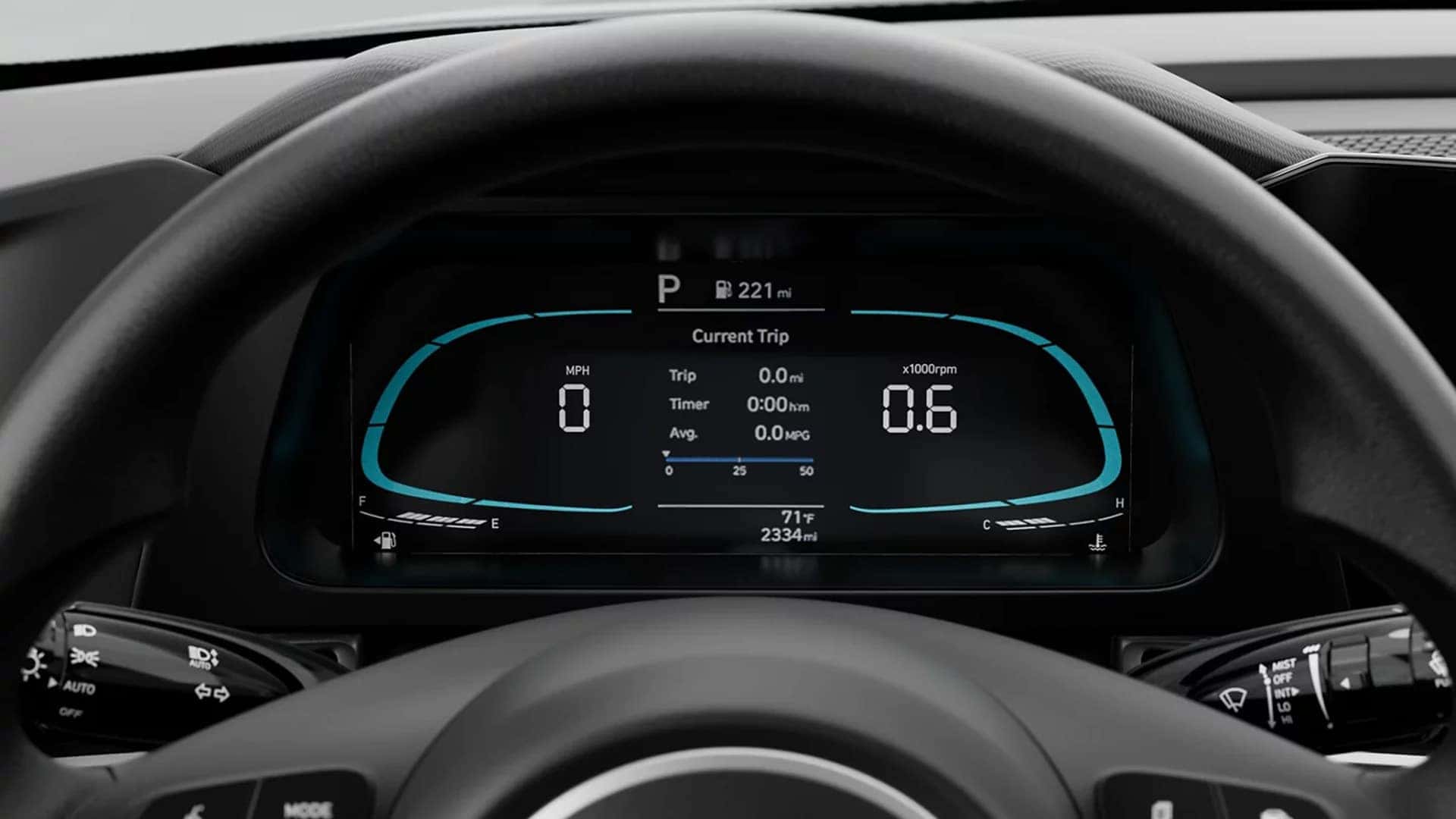 Digital instrument cluster in the 2026 Hyundai Elantra displaying speed, trip information, fuel range, and vehicle status data