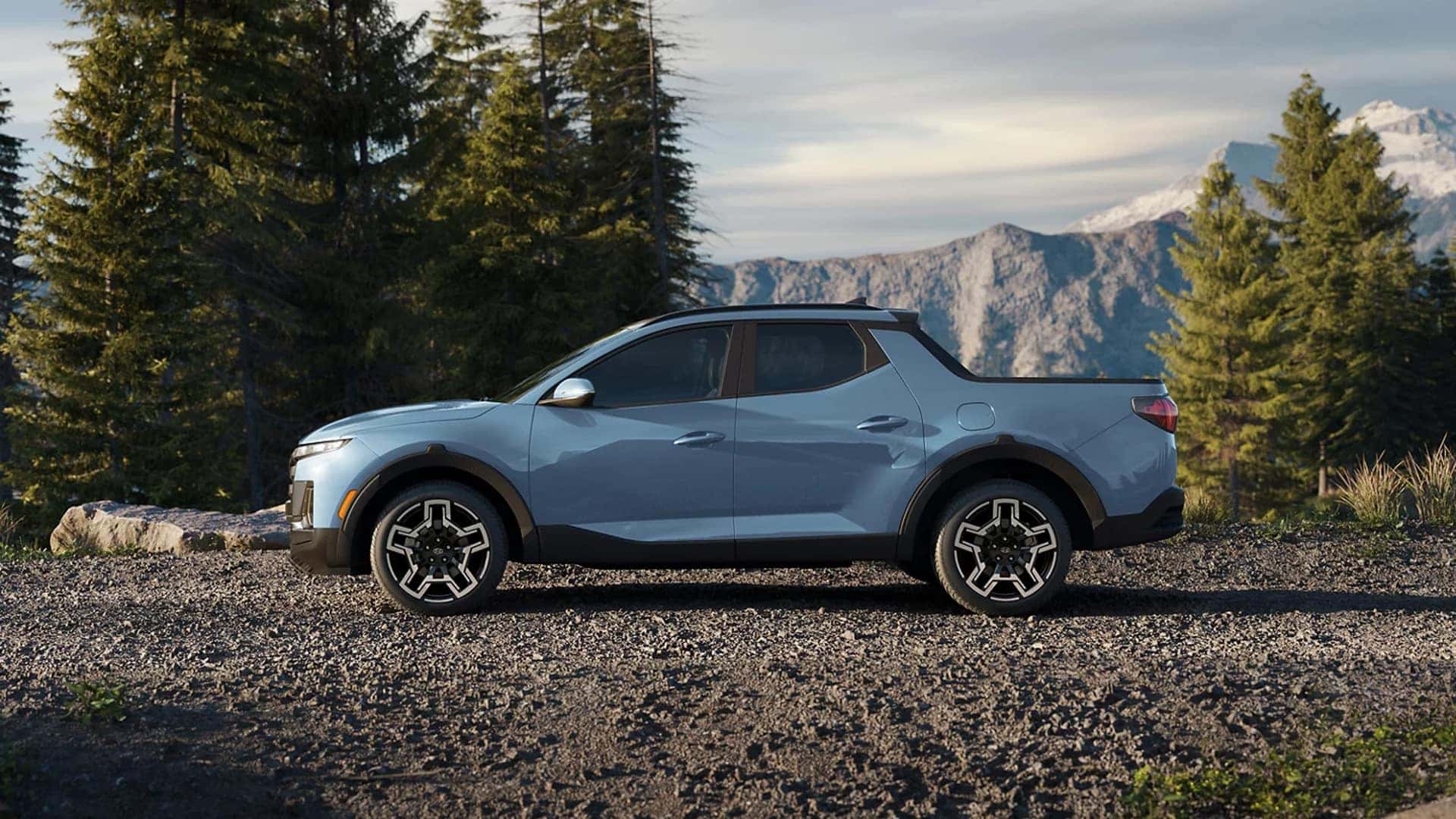 Side profile of the 2026 Hyundai Santa Cruz showing compact pickup proportions, short bed design, and modern exterior styling