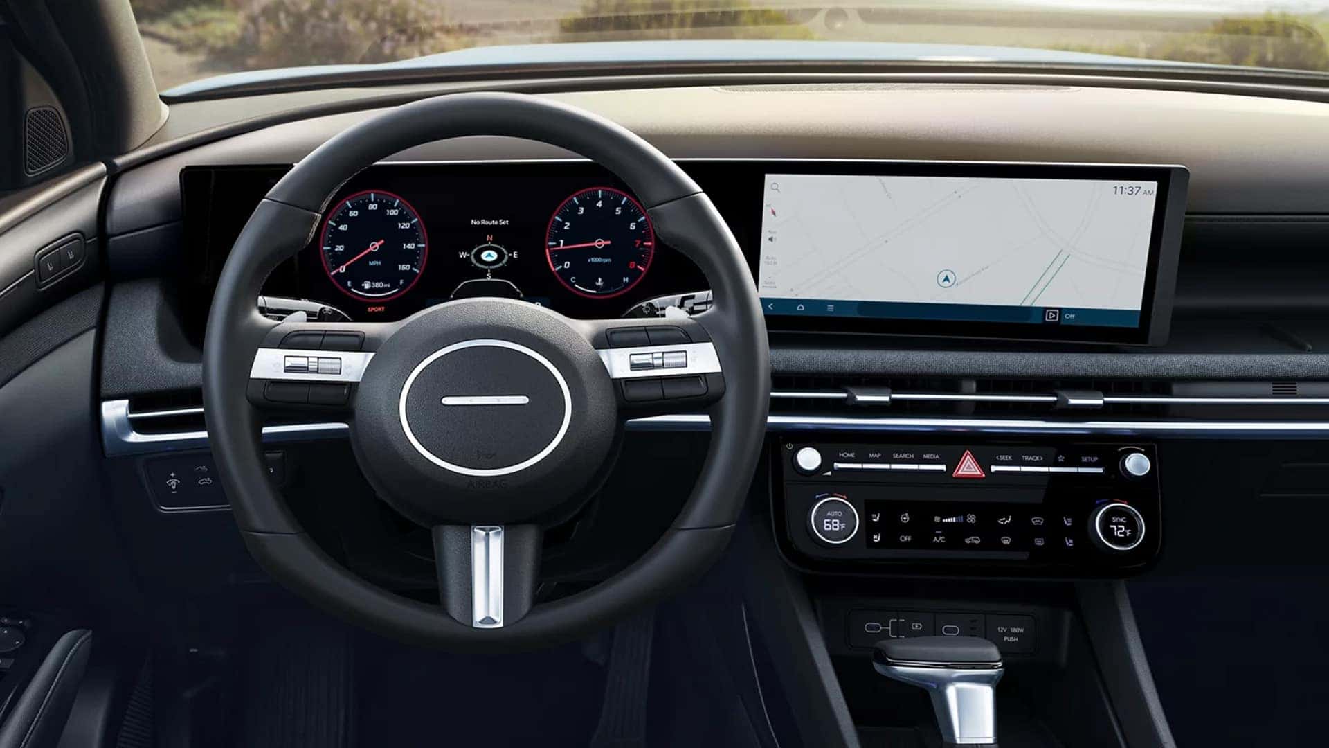 2026 Hyundai Santa Cruz infotainment system with wide touchscreen display showing navigation and smartphone app integration