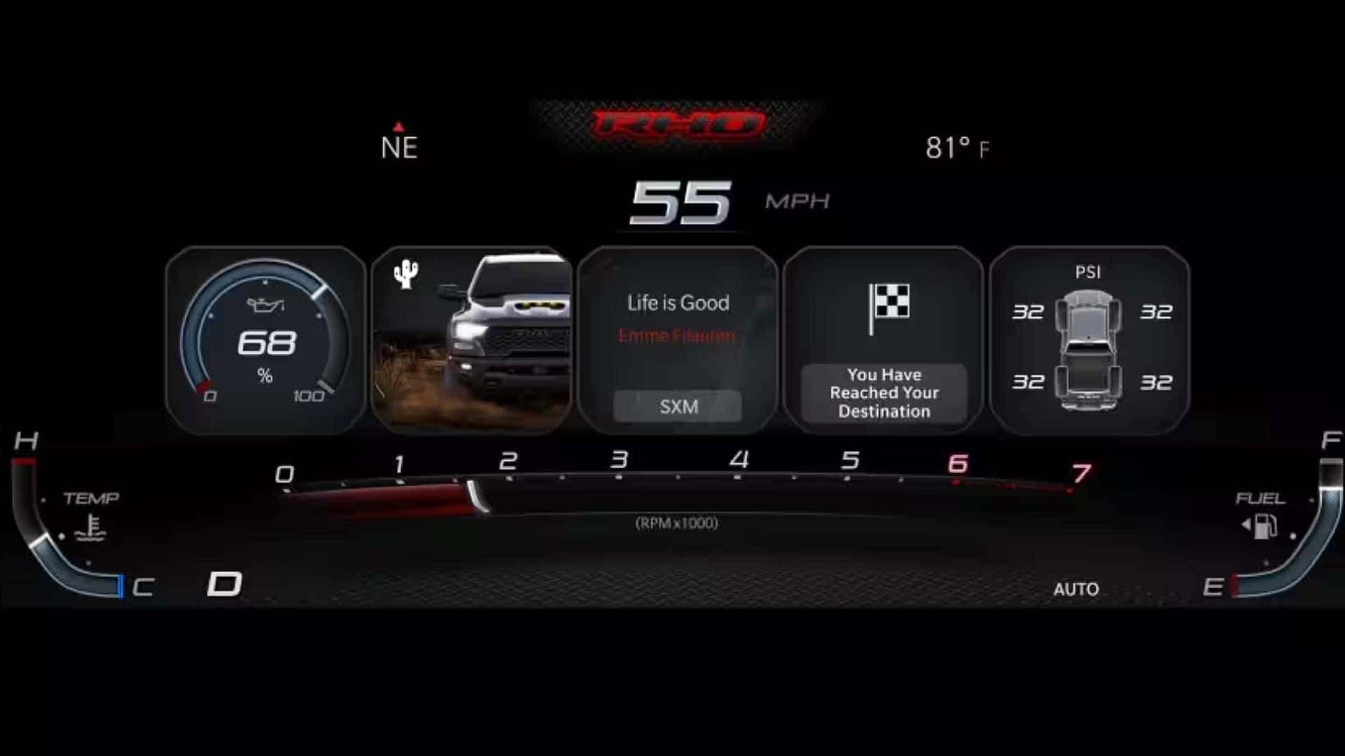 2026 Ram 1500 infotainment system with a large Uconnect touchscreen, navigation map, digital gauge cluster, and center console controls