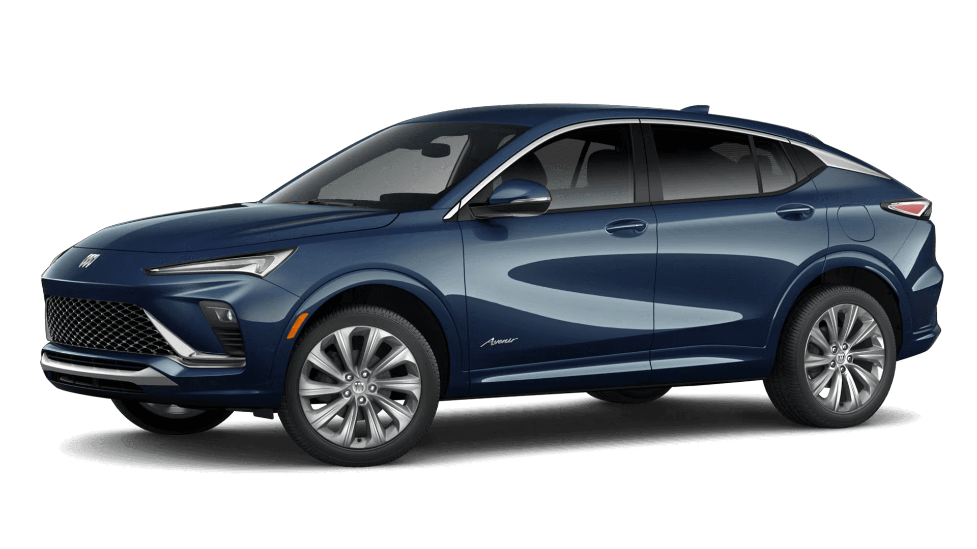Dark blue 2026 Buick Envista shown in a clean side view, highlighting the coupe inspired roofline, chrome window trim, sculpted door panels, and Avenir badge above the rocker panel