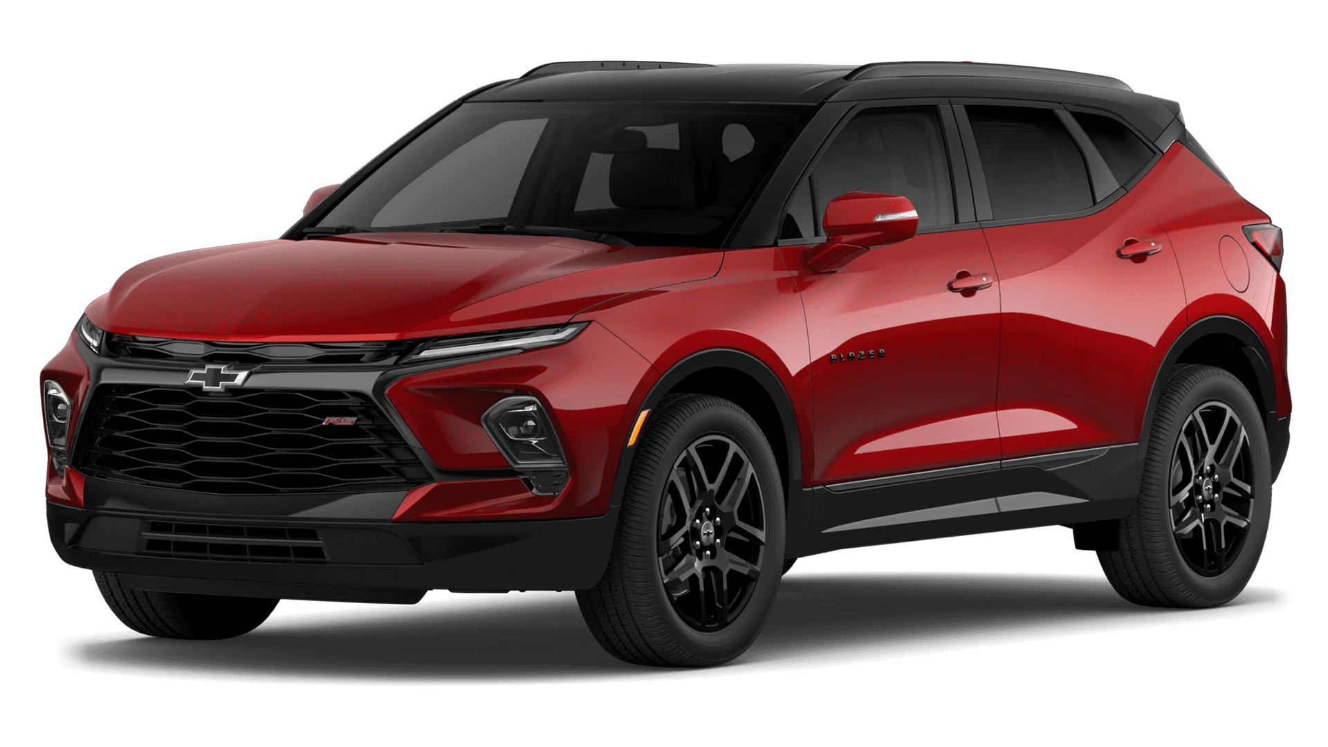 Studio image of a red 2026 Chevy Blazer in three quarter front view with black wheels
