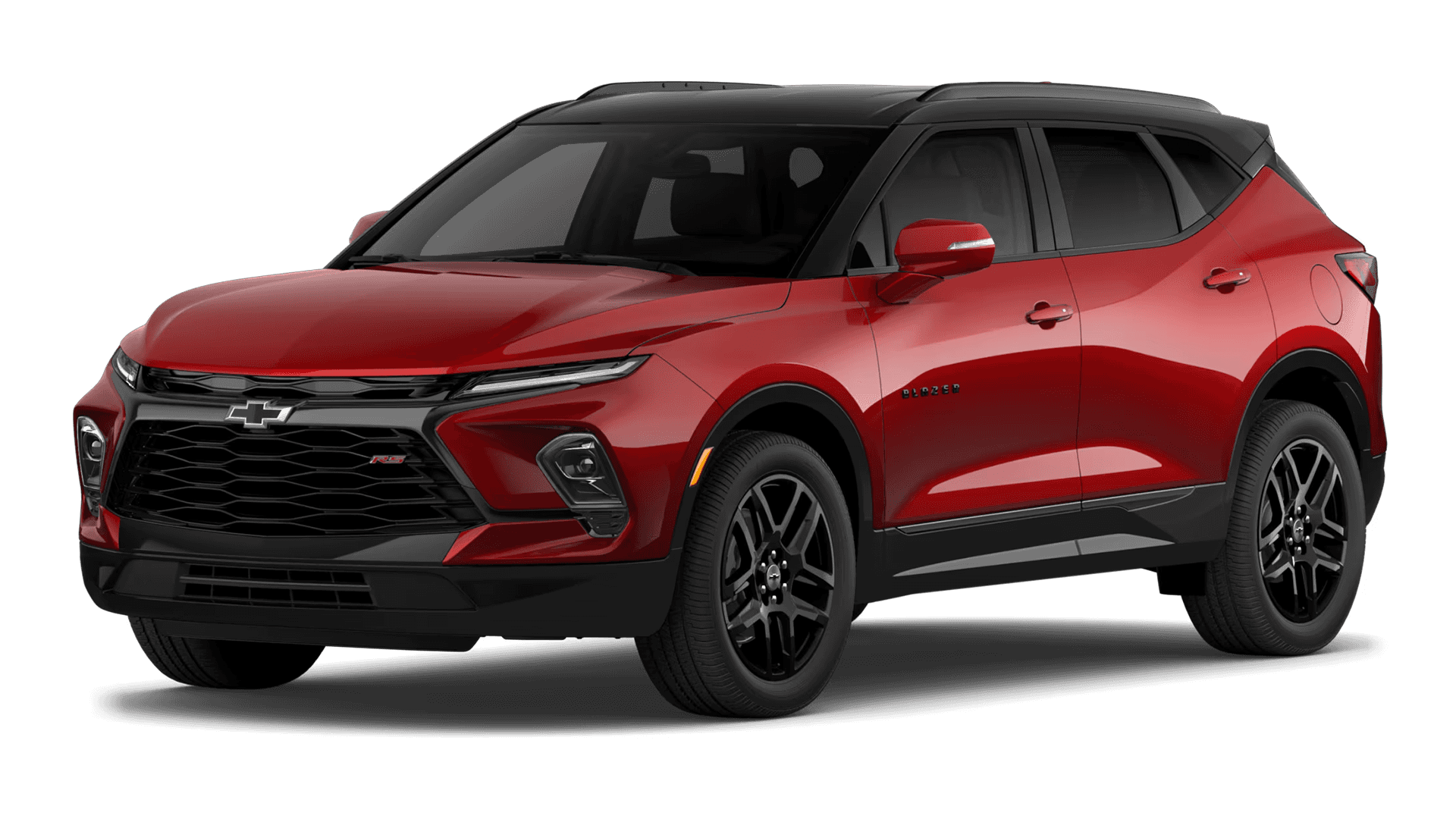 Studio style exterior image of a red Chevy Blazer in a front three quarter view with black roof, dark wheels, and tinted windows on a plain background.