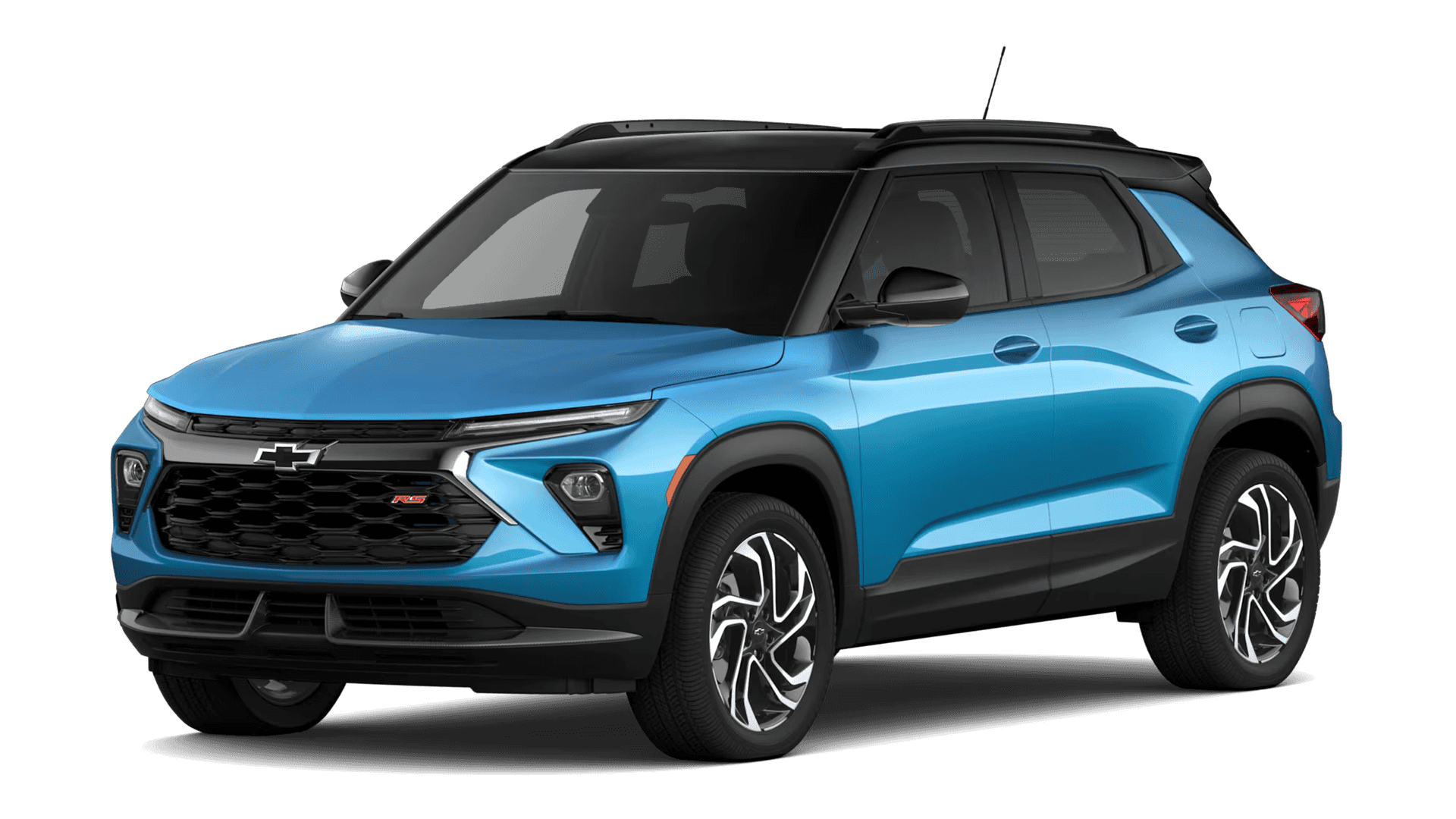 Studio-style image of a bright blue 2026 Chevrolet Trailblazer RS shown in a three-quarter front view, featuring a black roof, dark grille with RS badge, black wheel-arch cladding, and two-tone alloy wheels on a clean, plain background.