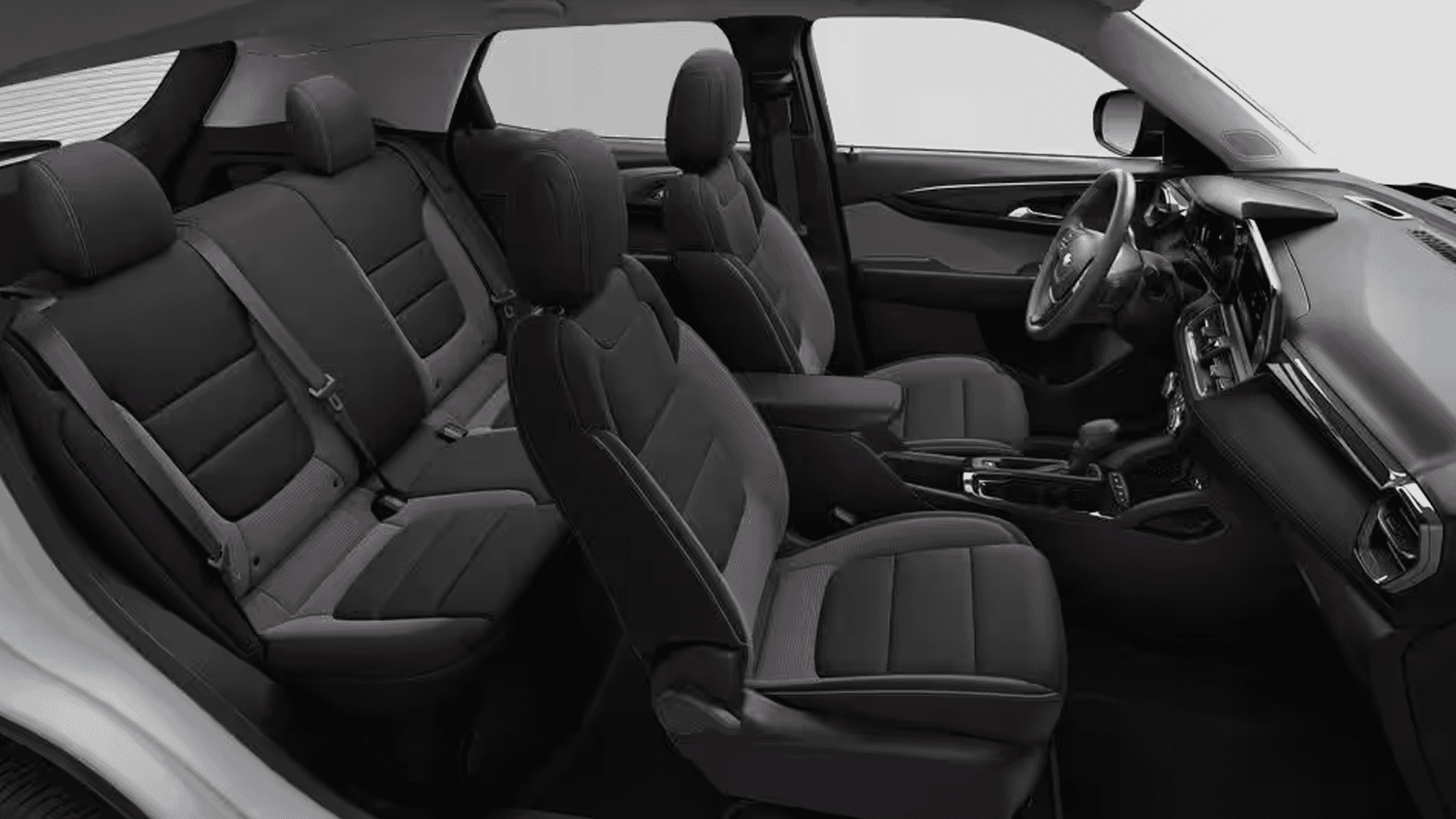Front cabin view with ACTIV seat branding, two-tone upholstery, yellow accent stitching, and center console.