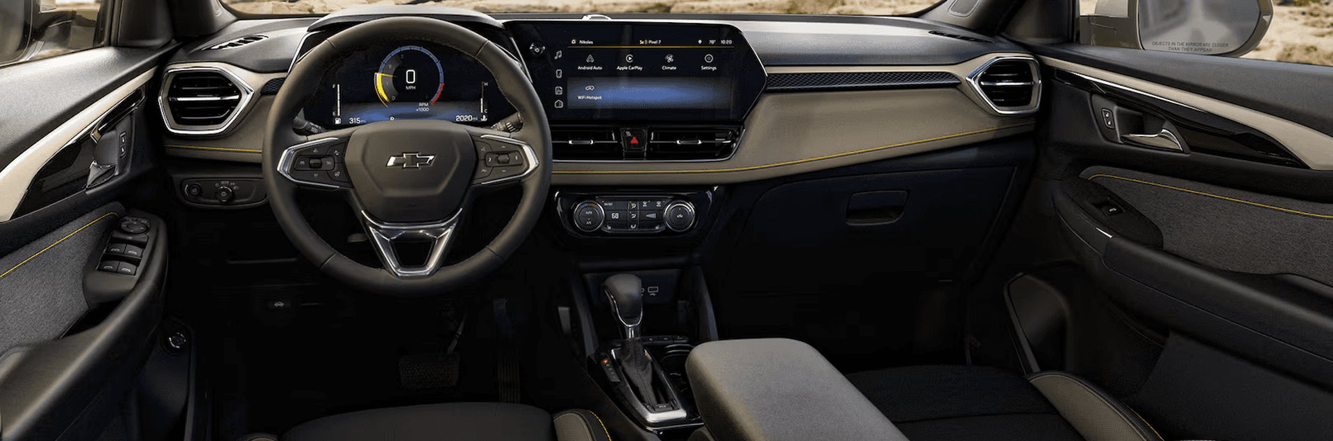 2026 Chevy Trailblazer dashboard with digital gauge cluster, wide touchscreen, and center stack controls.
