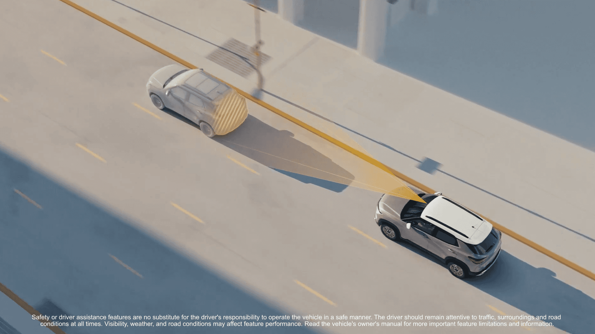 Animated overhead view of Trailblazer maintaining distance from traffic ahead using available driver assistance tech