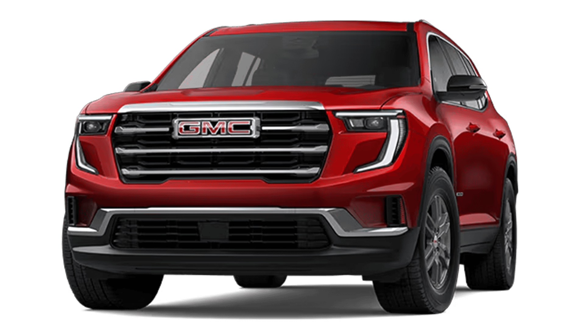 Red GMC SUV cutout on a dark background, shown from a front three quarter view highlighting the grille with GMC badge, LED headlamps, and lower front bumper styling.