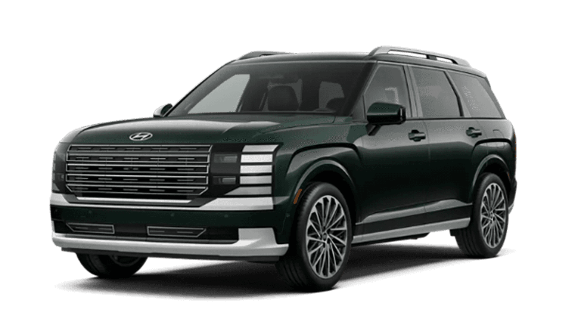 Studio style cutout of a dark green 2026 Hyundai Palisade on a transparent background, shown from the front three quarter angle with a wide grille, stacked LED lighting, roof rails, and large multi spoke wheels.