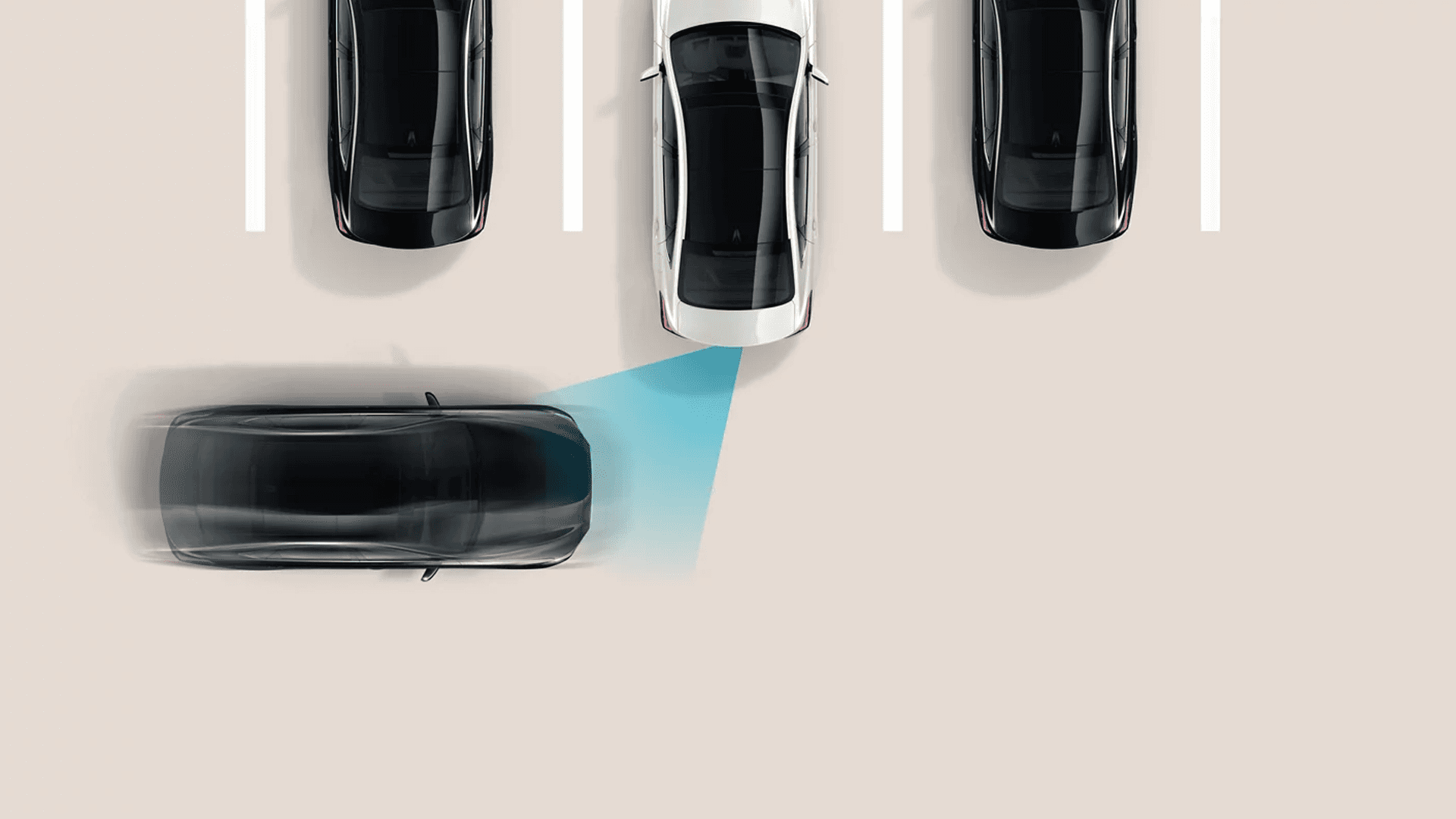 Illustration representing driver assistance sensing around a vehicle, showing detection zones near the sides and rear.