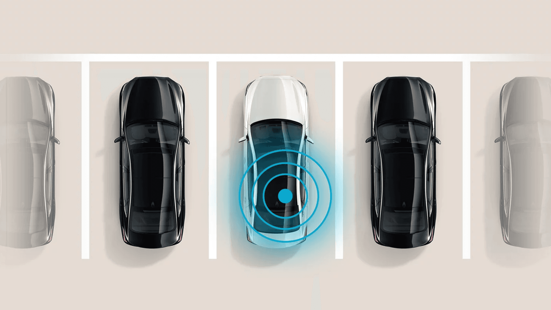 Top down style illustration of an SUV with shaded sensor zones around it to represent camera and safety coverage.