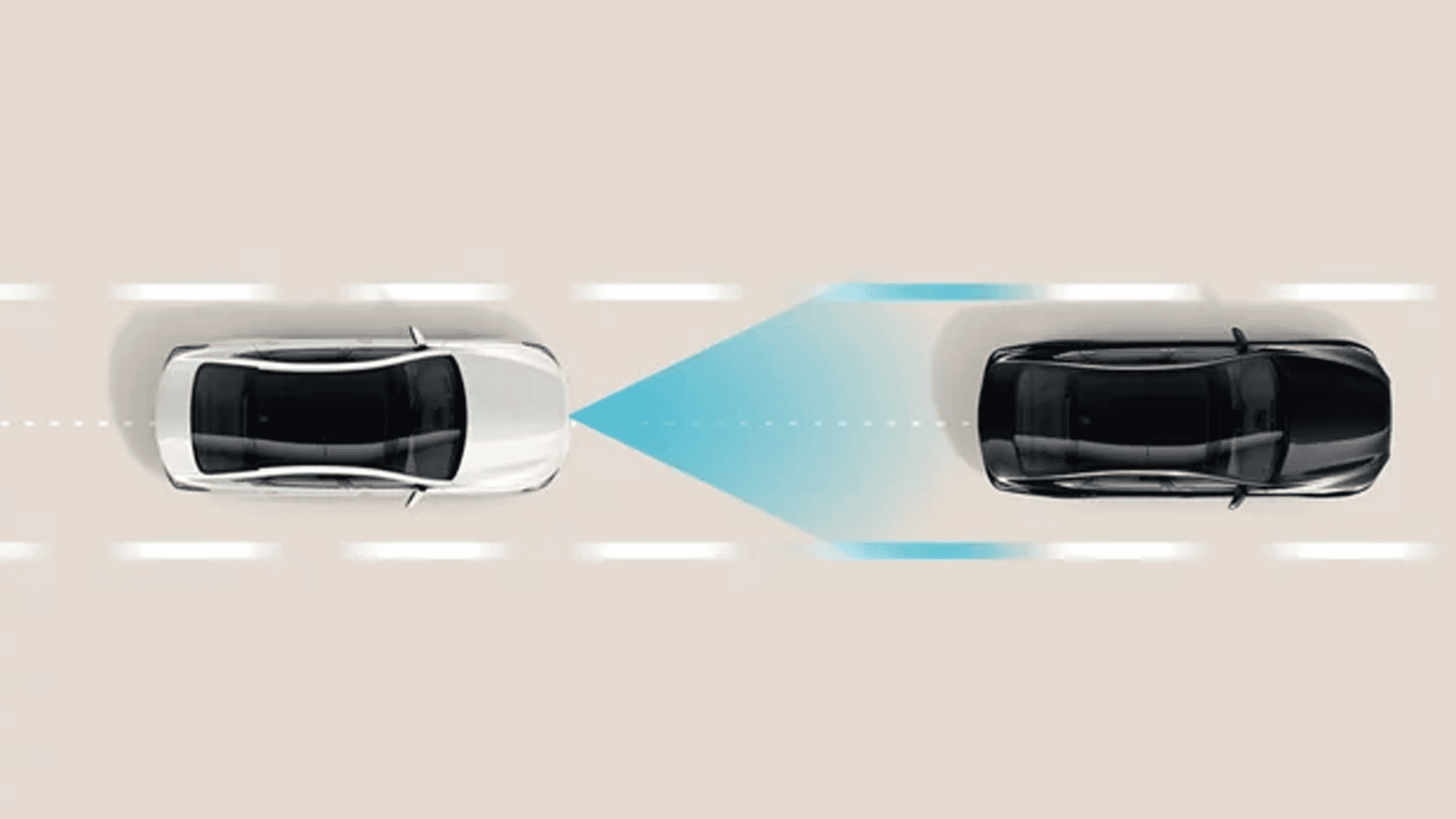 Top down safety graphic of two vehicles in the same lane, with a blue forward sensing cone projected from the rear vehicle toward the vehicle ahead, illustrating forward detection or collision warning coverage.