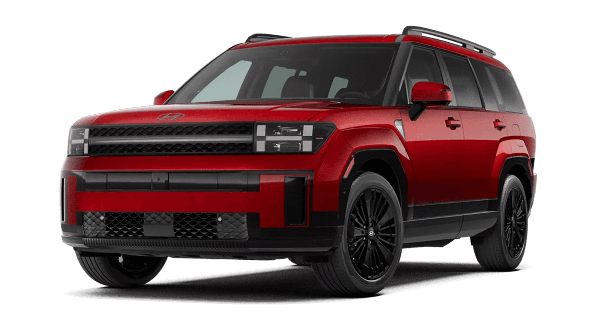 Studio style image of a red 2026 Hyundai Santa Fe Hybrid shown in a front three quarter angle, highlighting the squared front fascia, rectangular headlight design, black lower cladding, roof rails, and black multi spoke wheels on a transparent background.
