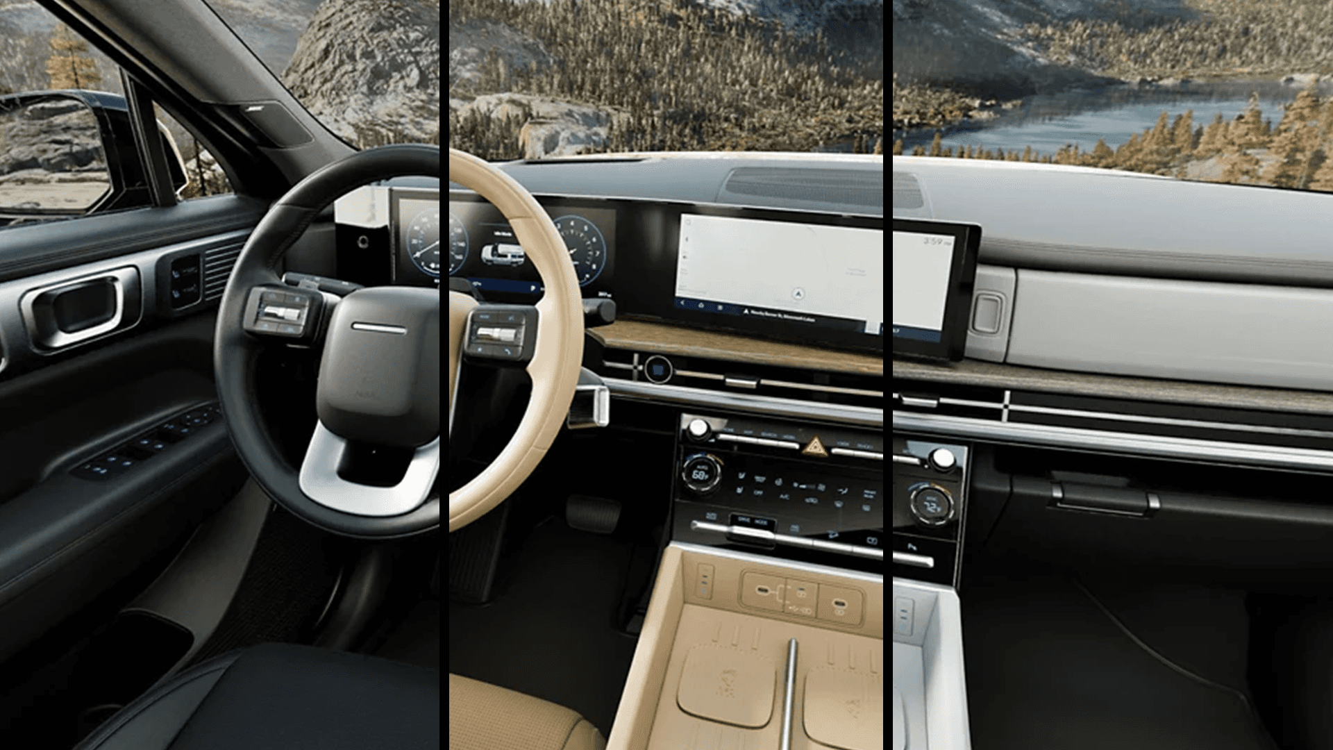 Split panel interior image of the 2026 Hyundai Santa Fe Hybrid showing the steering wheel and driver door controls on the left, a wide dashboard display and center stack in the middle, and the passenger side dash and glovebox area on the right, with mountain scenery outside the windshield.