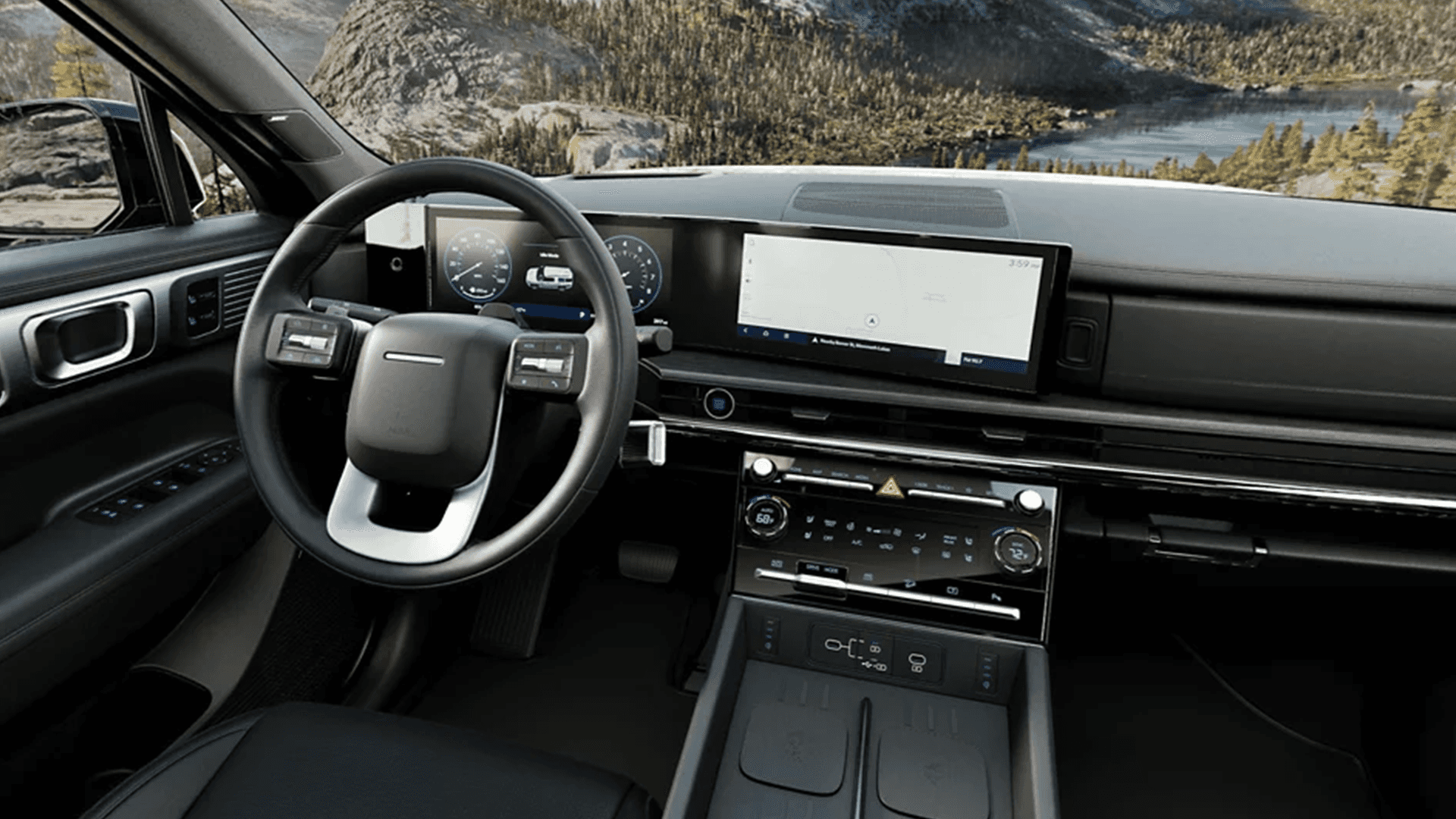 Angled driver side interior view of a 2026 Hyundai Santa Fe Hybrid with a wide digital display setup, including the instrument cluster and a large center touchscreen, with the center stack climate controls visible below.