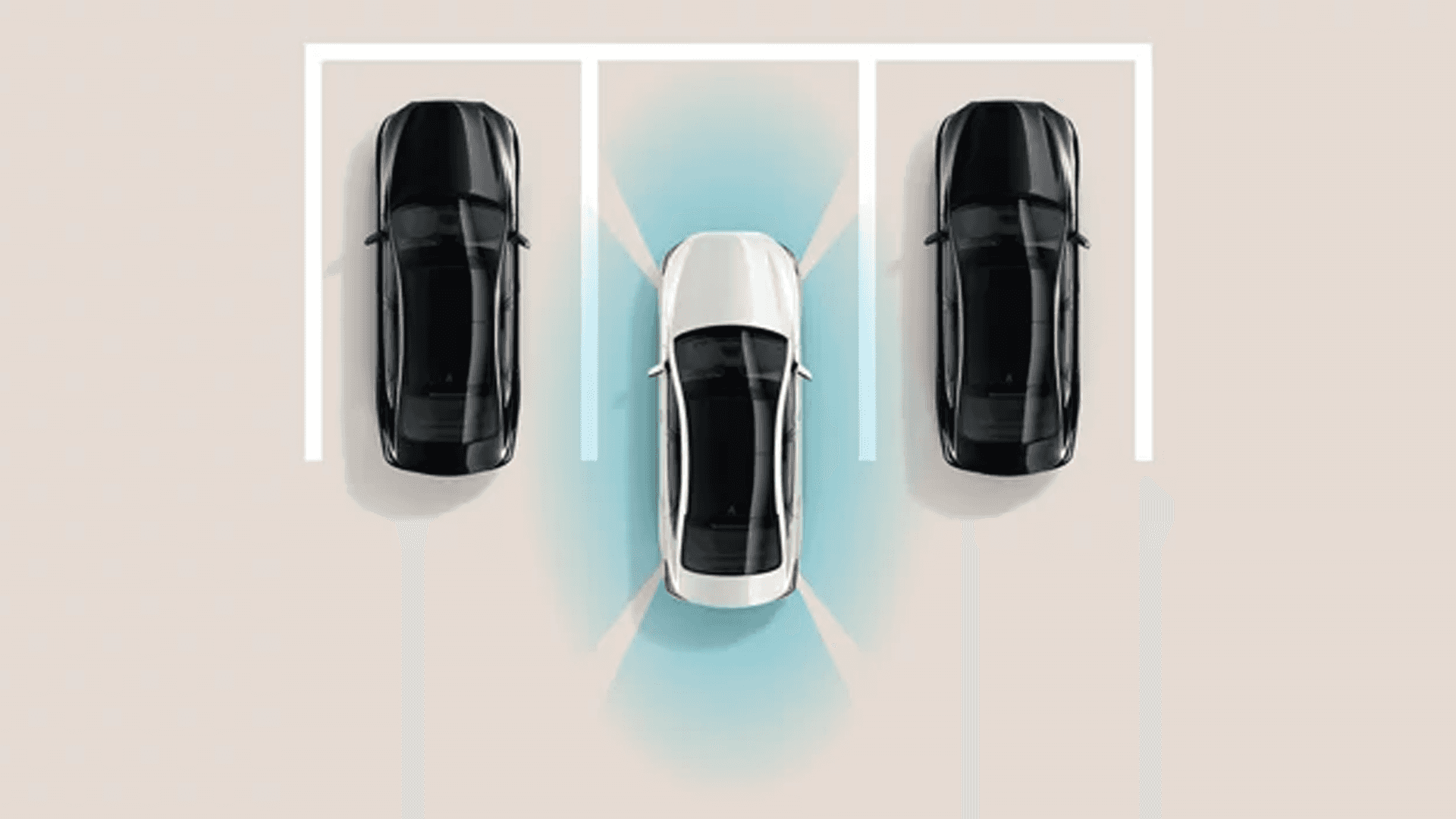 Top down illustration of a white SUV centered between two parked vehicles, with blue shaded sensor zones around the front and rear to represent parking or safety detection coverage.