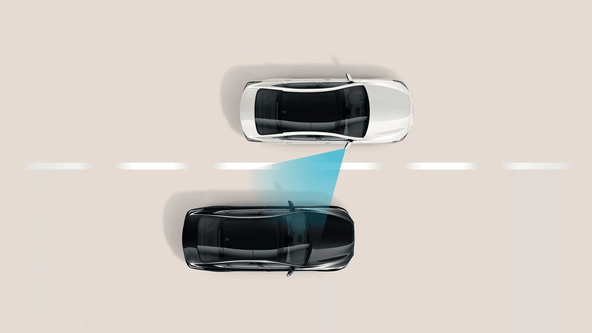Top down graphic of two vehicles in adjacent lanes with a blue detection zone projecting from the rear of the front vehicle toward the vehicle behind.