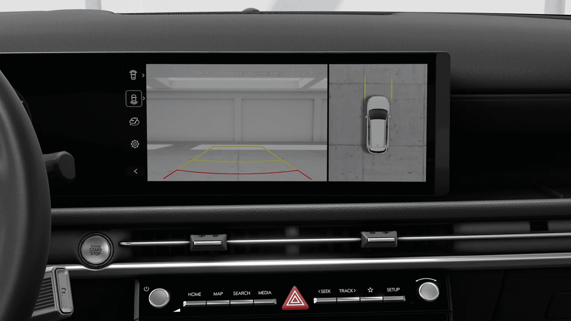Dashboard screen showing a split view with a rear camera image and a top down surround view style parking graphic, with colored guide lines on the rear camera view.
