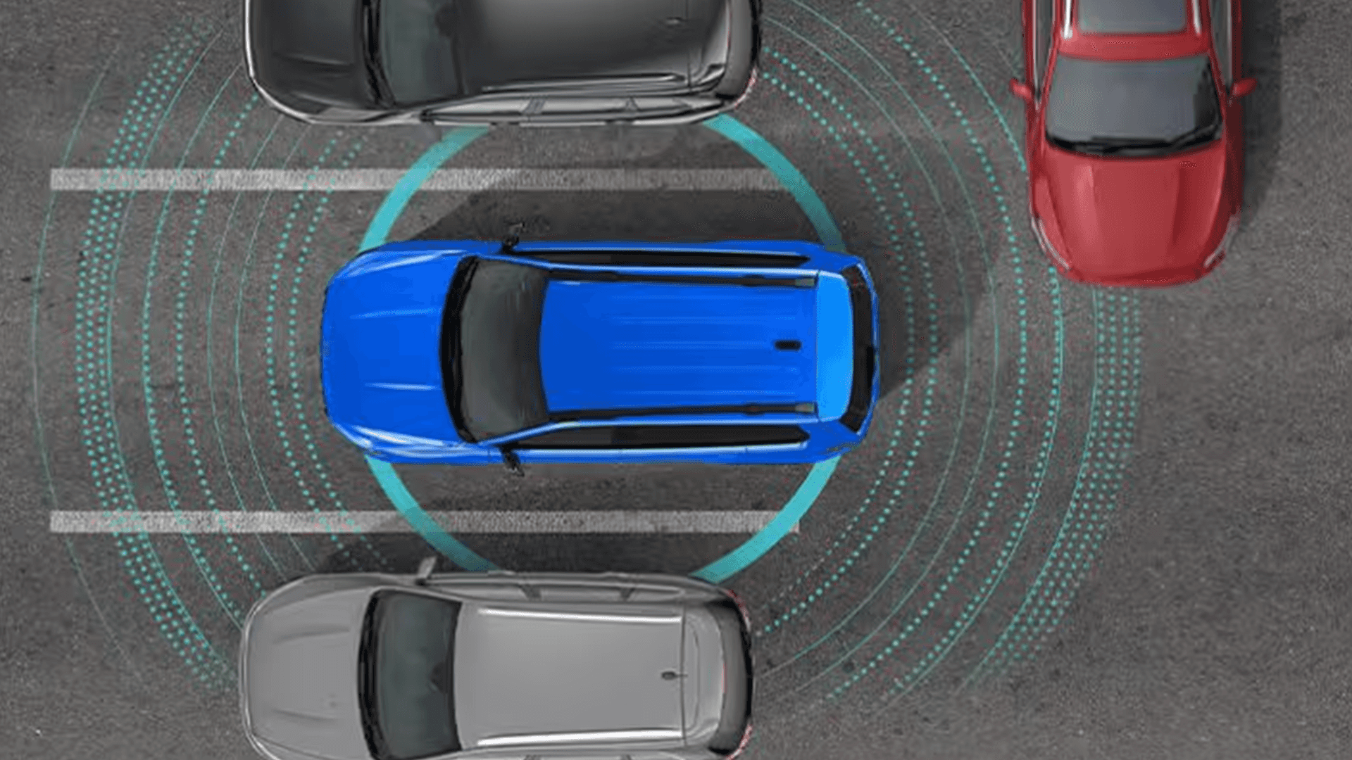 Top down view of a blue SUV parked between lane lines with teal radar style rings and dotted arcs around it, with nearby gray and red vehicles.