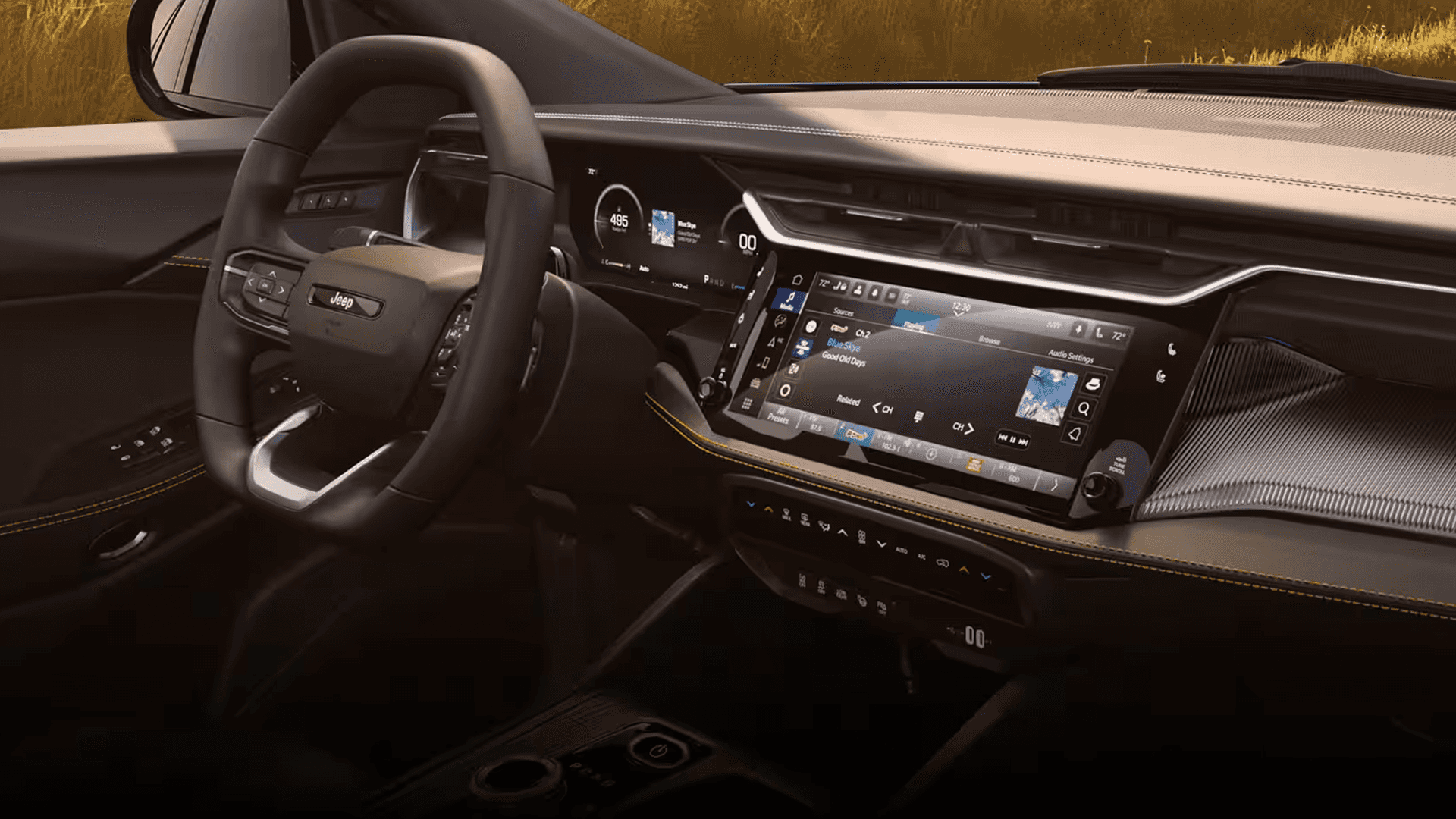 Angled front cabin view showing the steering wheel, wide digital instrument cluster, and center touchscreen displaying audio controls, with stitched dash trim and yellow accent stitching.