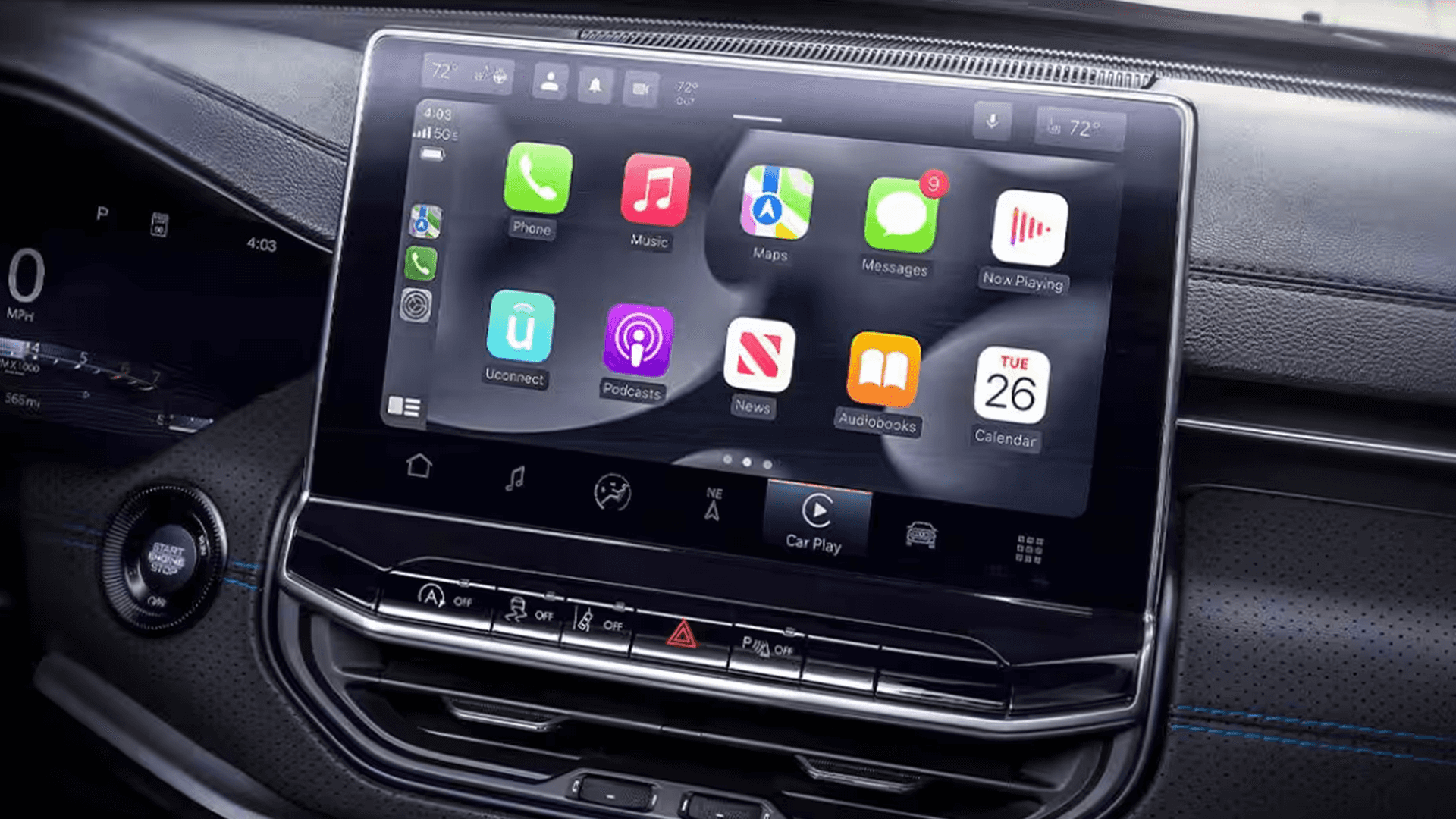 Close-up of the Jeep Compass center touchscreen showing Apple CarPlay-style app icons, with the start button and digital cluster visible.