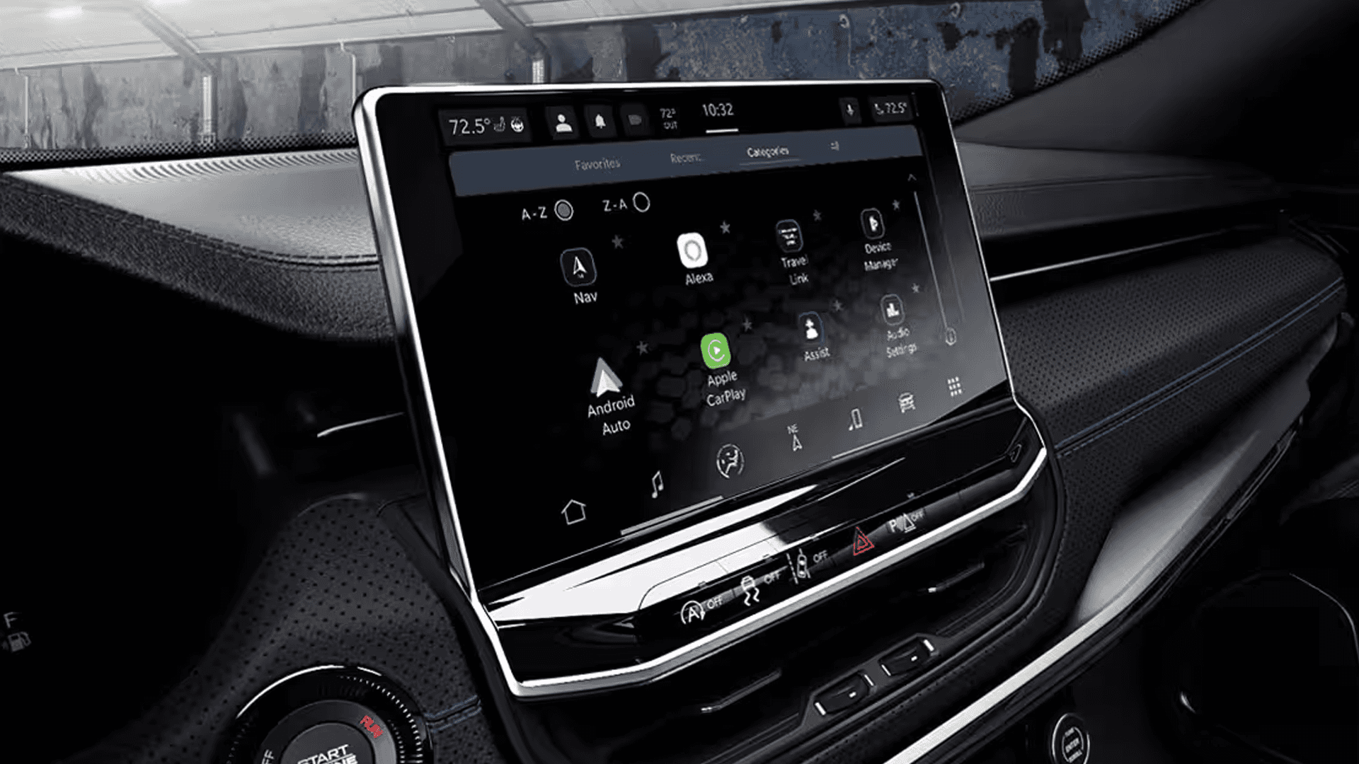 Angled view of the Jeep Compass infotainment screen showing a connected services menu with icons such as Nav, Alexa, Travel Link, Device Manager, Android Auto, and Apple CarPlay.