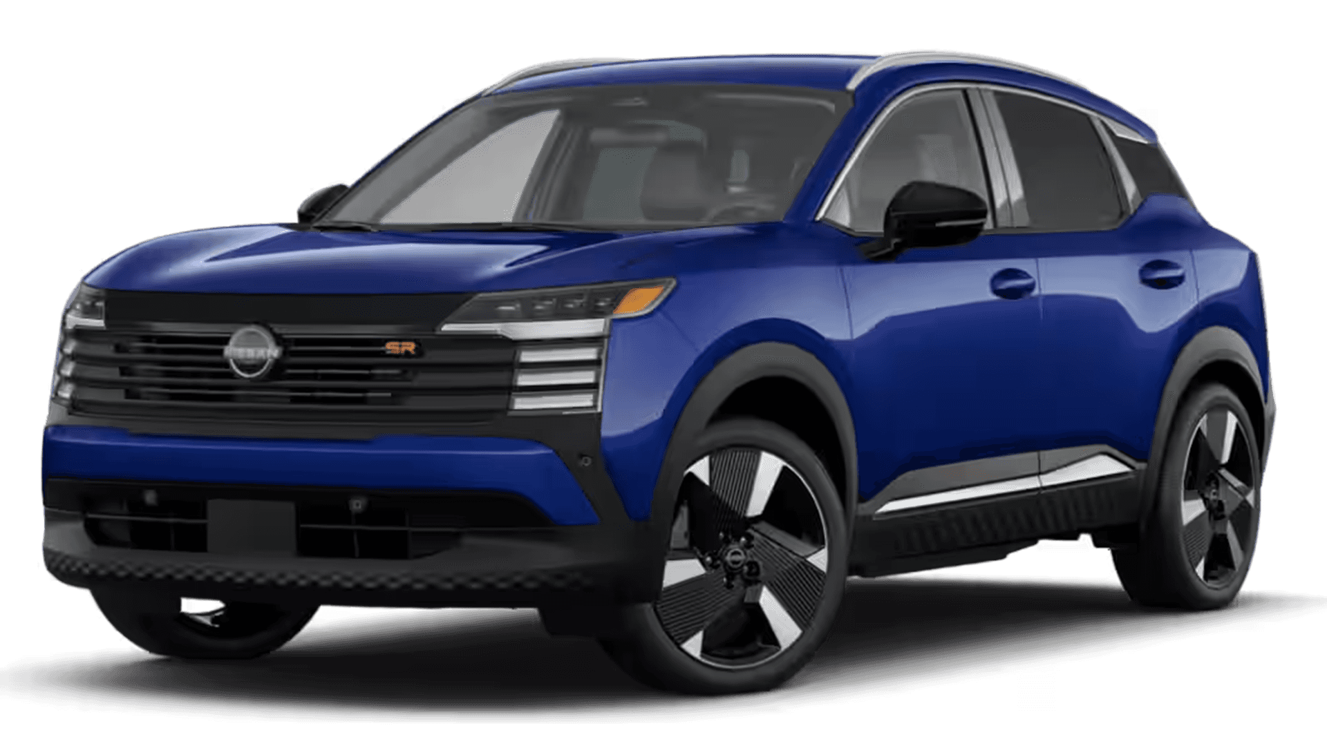 Blue 2026 Nissan Kicks on a white background, shown in a front three quarter view with a wide grille, black lower body cladding, and distinctive two tone aerodynamic style wheels