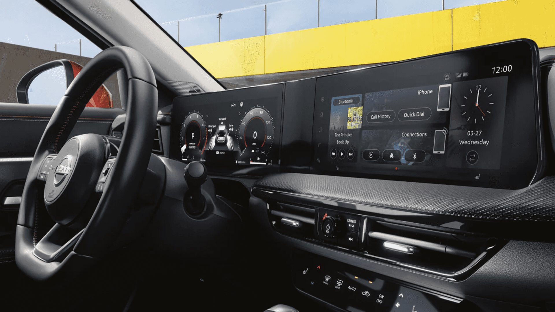 Dual display setup in the 2026 Nissan Kicks showing driver cluster and center infotainment screen