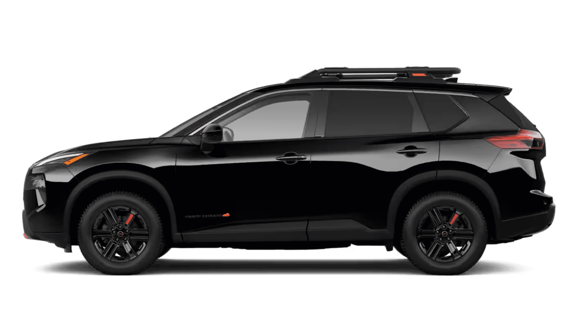 Black Nissan Rogue side profile on a white background with roof rack and dark wheels