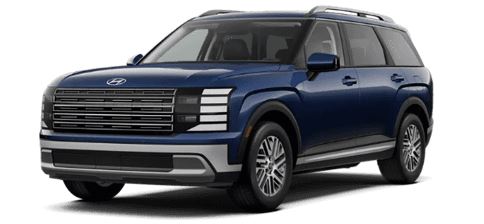 Blue 2026 Hyundai Palisade SEL with Convenience package shown in a front three quarter view on a transparent background, with a wide horizontal grille design, stacked LED lighting elements, silver lower bumper trim, roof rails, tinted windows, and silver multi spoke wheels.