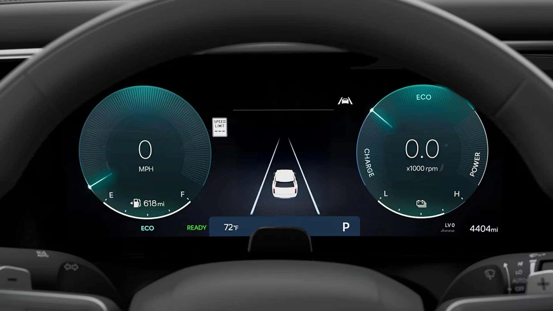 Digital instrument cluster in the 2026 Hyundai Palisade Hybrid showing eco driving indicators, fuel level, and estimated driving range.