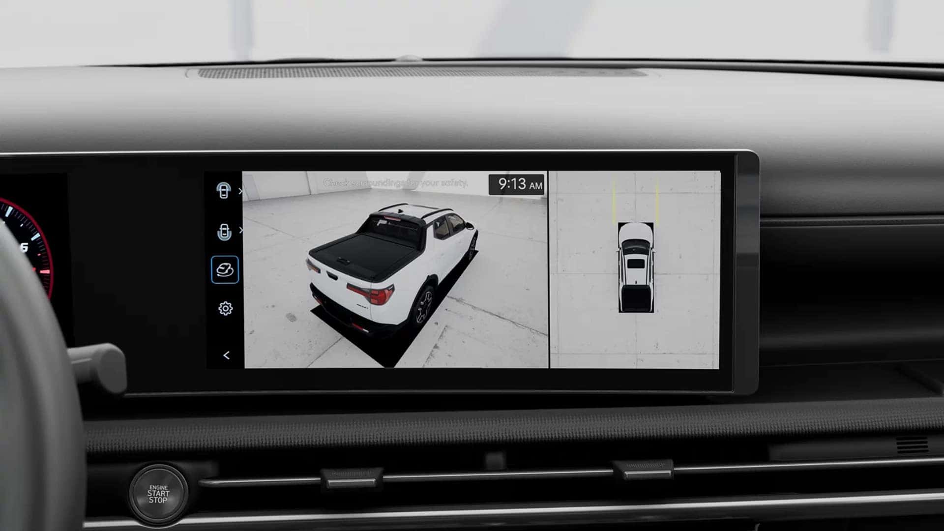 Interior display of a 2026 Hyundai Santa Cruz showing a surround view camera system used for towing and maneuvering