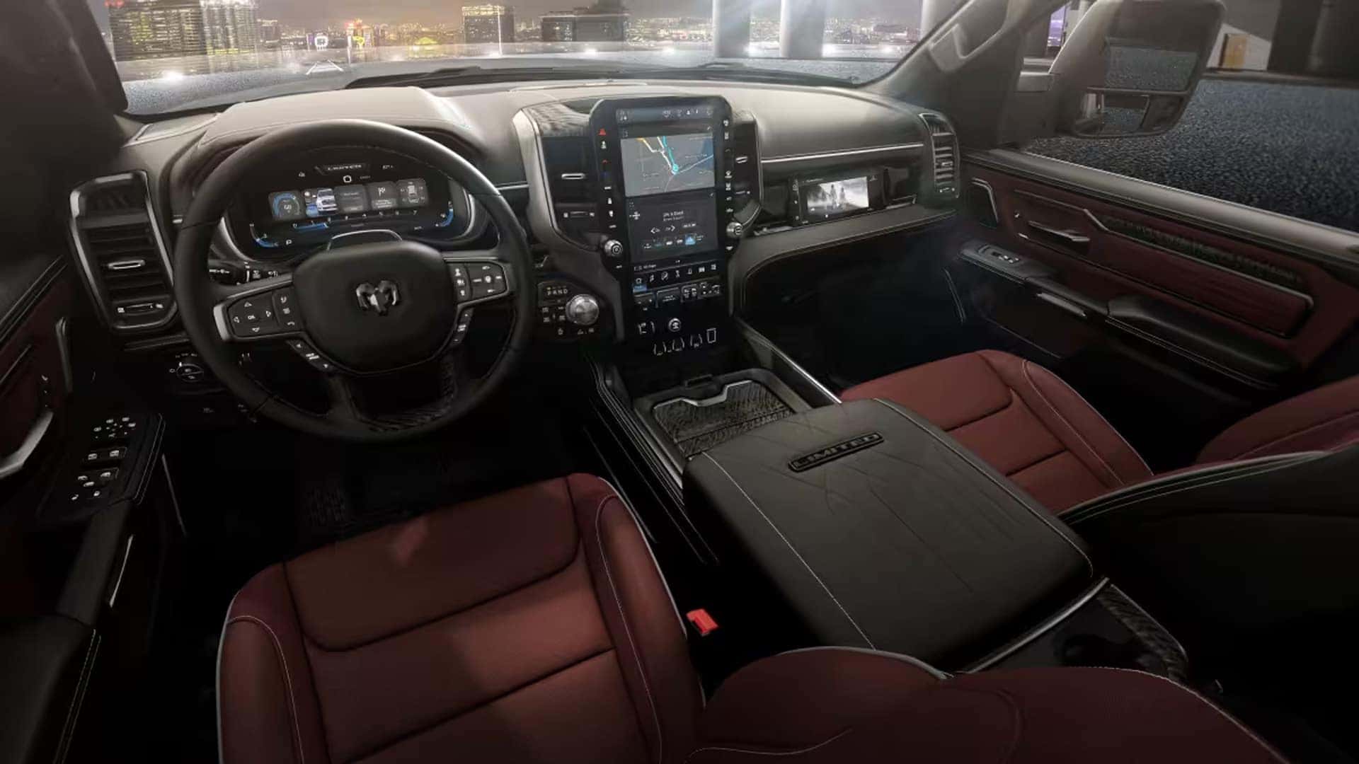 2026 Ram 1500 dashboard with a large center touchscreen, digital gauge cluster, and available front passenger display