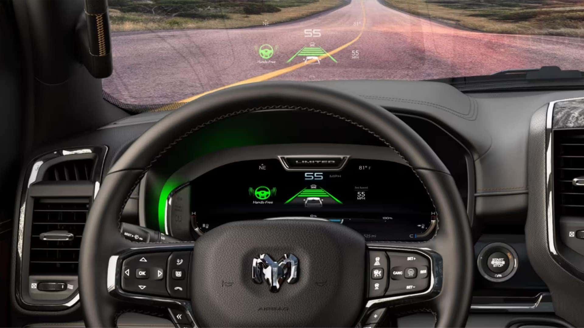 Digital driver display in the 2026 Ram 1500 showing Hands Free Active Driving Assist status, lane guidance graphics, and vehicle speed information