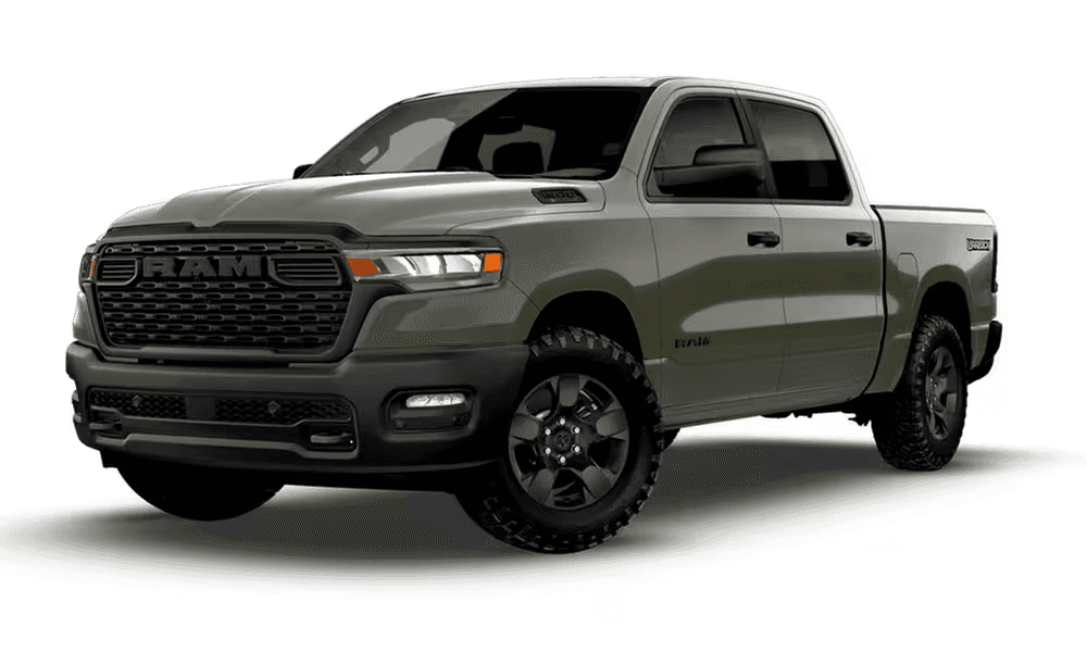 2026 Ram 1500 Warlock pickup truck in olive green, front three-quarter exterior view