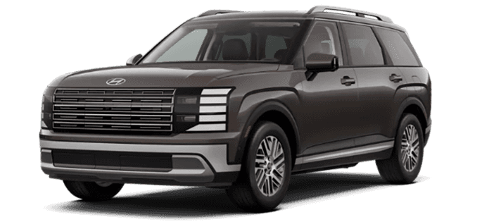Bronze brown 2026 Hyundai Palisade SEL Premium SUV shown in a front three quarter view on a transparent background, featuring a large horizontal grille, stacked LED lighting signature, silver lower bumper trim, roof rails, tinted windows, and silver multi spoke wheels.