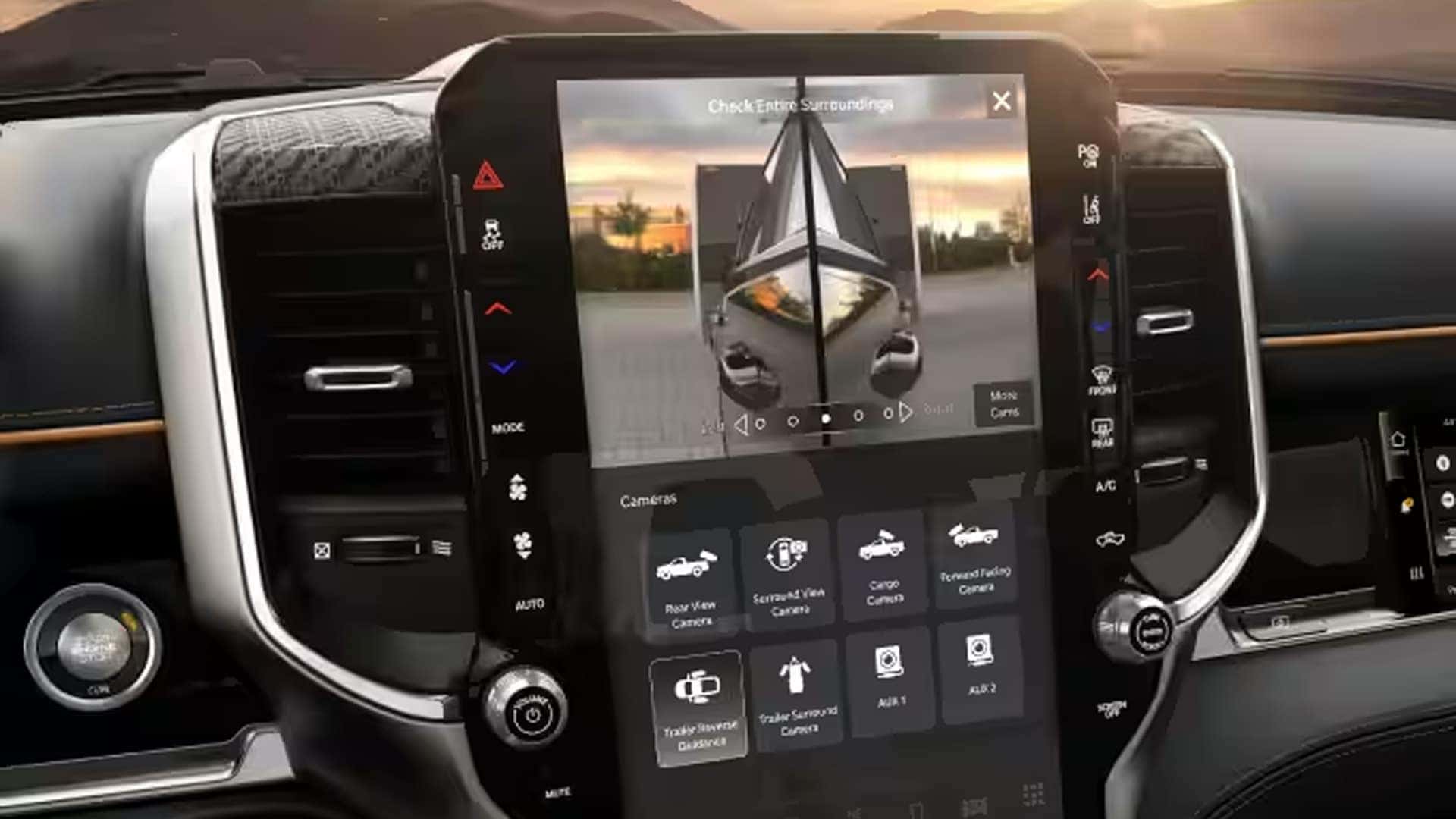 2026 Ram 1500 center display showing trailer reverse guidance and towing camera technology