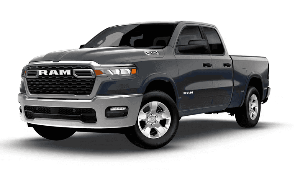 2026 Ram 1500 Big Horn pickup truck in dark blue with chrome grille, front three-quarter exterior view