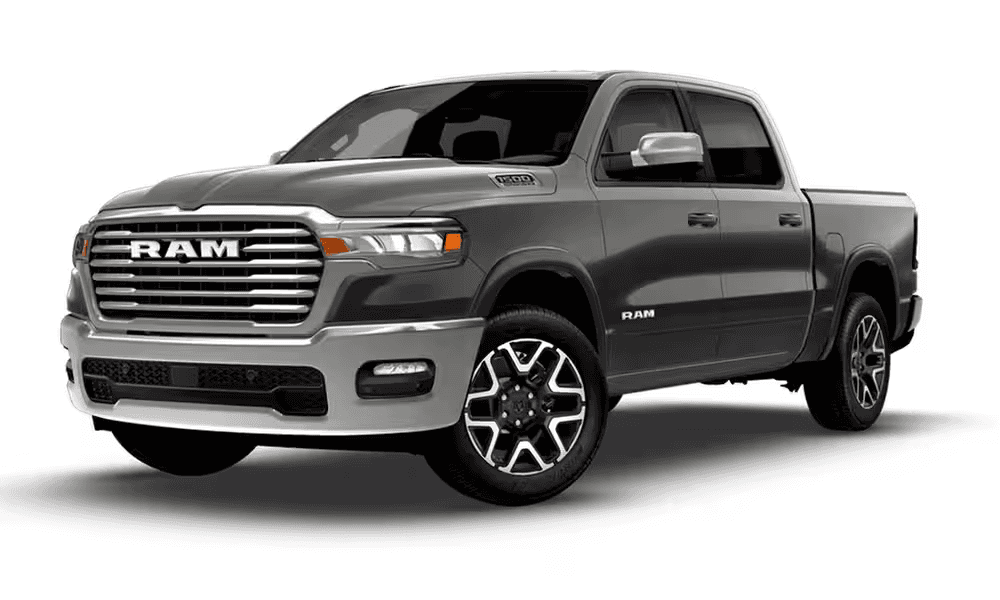 2026 Ram 1500 Laramie pickup truck in dark gray with chrome grille, front three-quarter exterior view