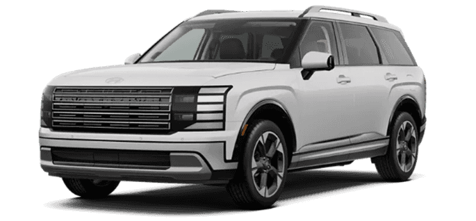 White 2026 Hyundai Palisade Limited SUV shown in a front three quarter view on a transparent background, with a wide horizontal grille, stacked LED lighting elements, silver lower front bumper trim, chrome window surround, roof rails, and dark gray five spoke style wheels.