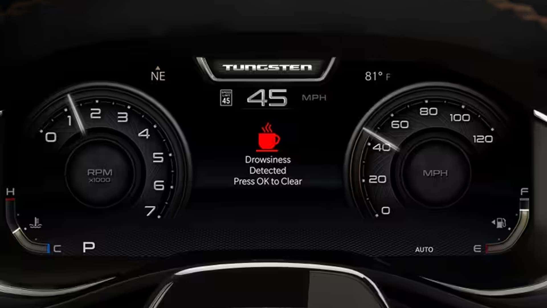 Driver information display in the 2026 Ram 1500 showing safety and driver assistance alerts