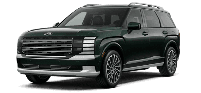 Dark green 2026 Hyundai Palisade Calligraphy SUV shown in a front three quarter view on a transparent background, featuring a wide horizontal grille, stacked LED lighting signature, silver lower bumper trim, roof rails, tinted windows, and large multi spoke alloy wheels.