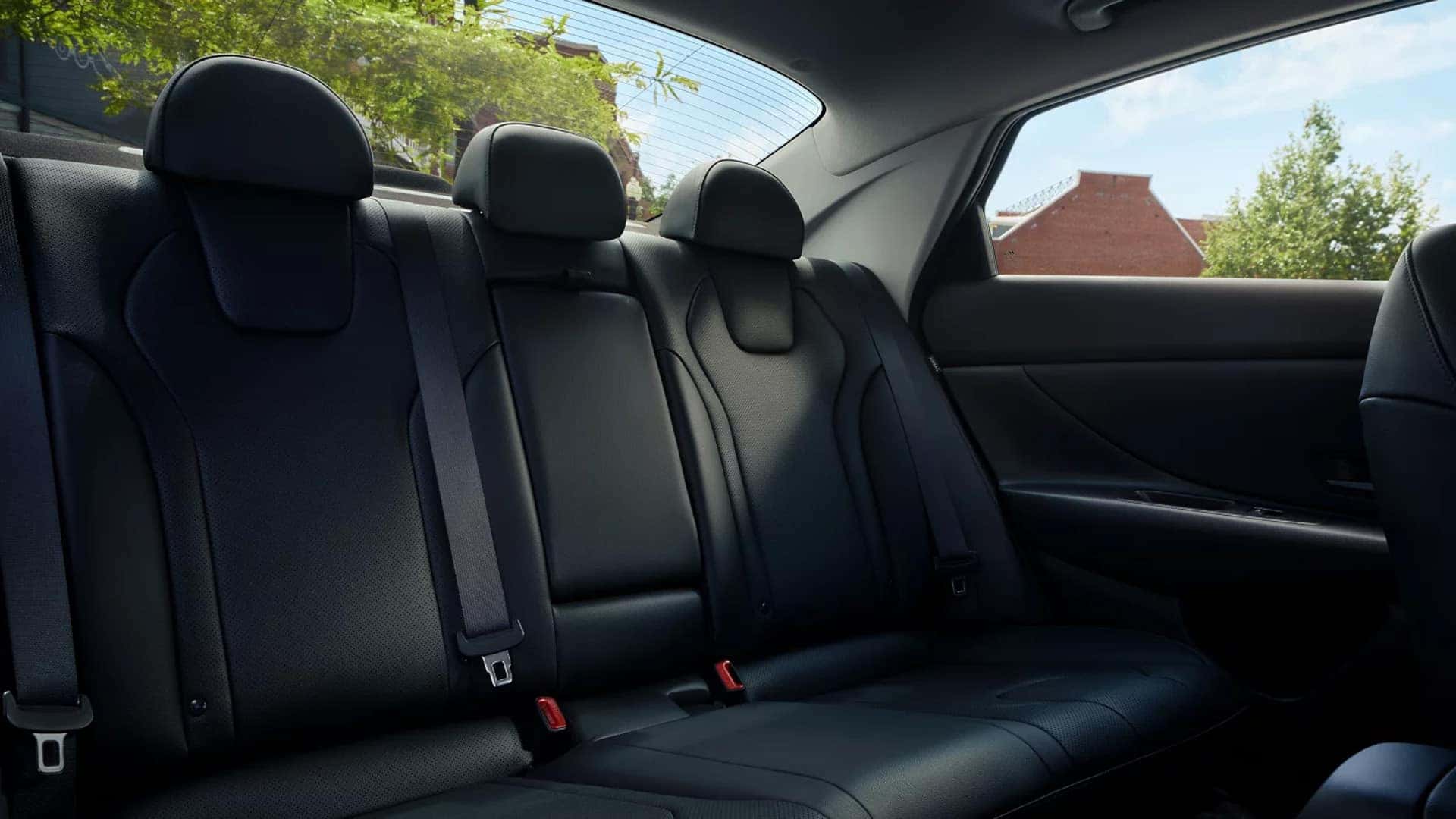 2026 Hyundai Elantra rear seating area with three headrests, rear window visibility, and second row passenger space