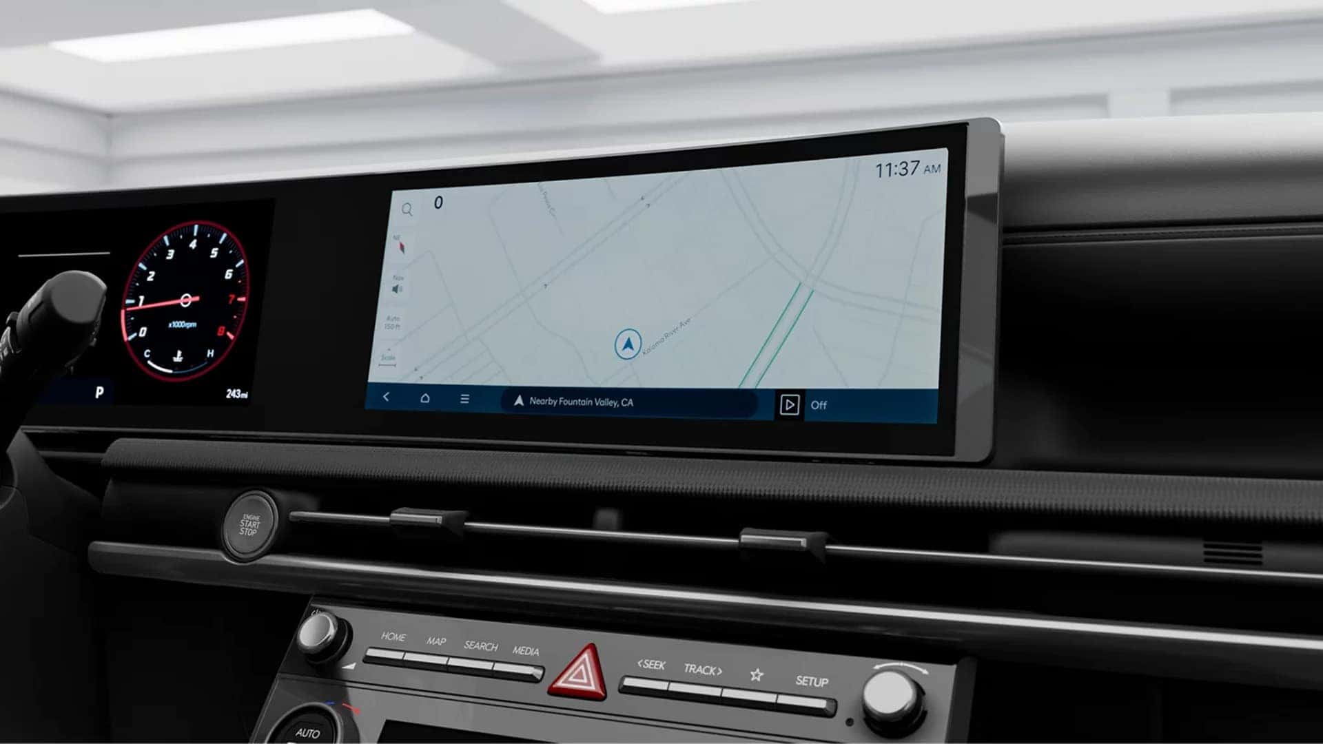 Wide dashboard view of the 2026 Hyundai Santa Cruz showing the digital gauge cluster and infotainment screen from the driver perspective