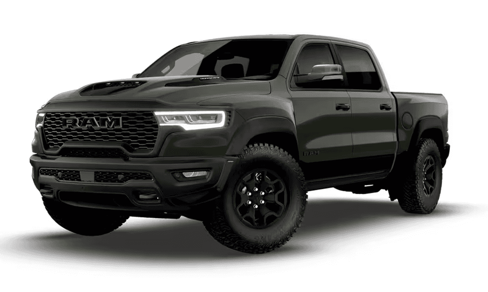 2026 Ram 1500 RHO pickup truck in dark green with off-road stance, front three-quarter exterior view