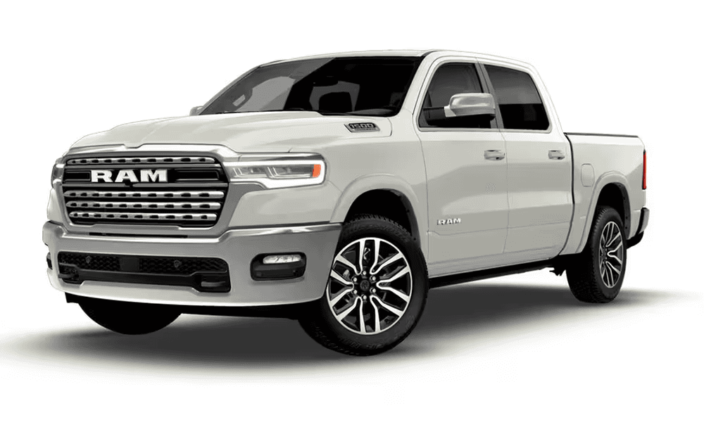 2026 Ram 1500 Limited Longhorn pickup truck in light ivory, front three-quarter exterior view