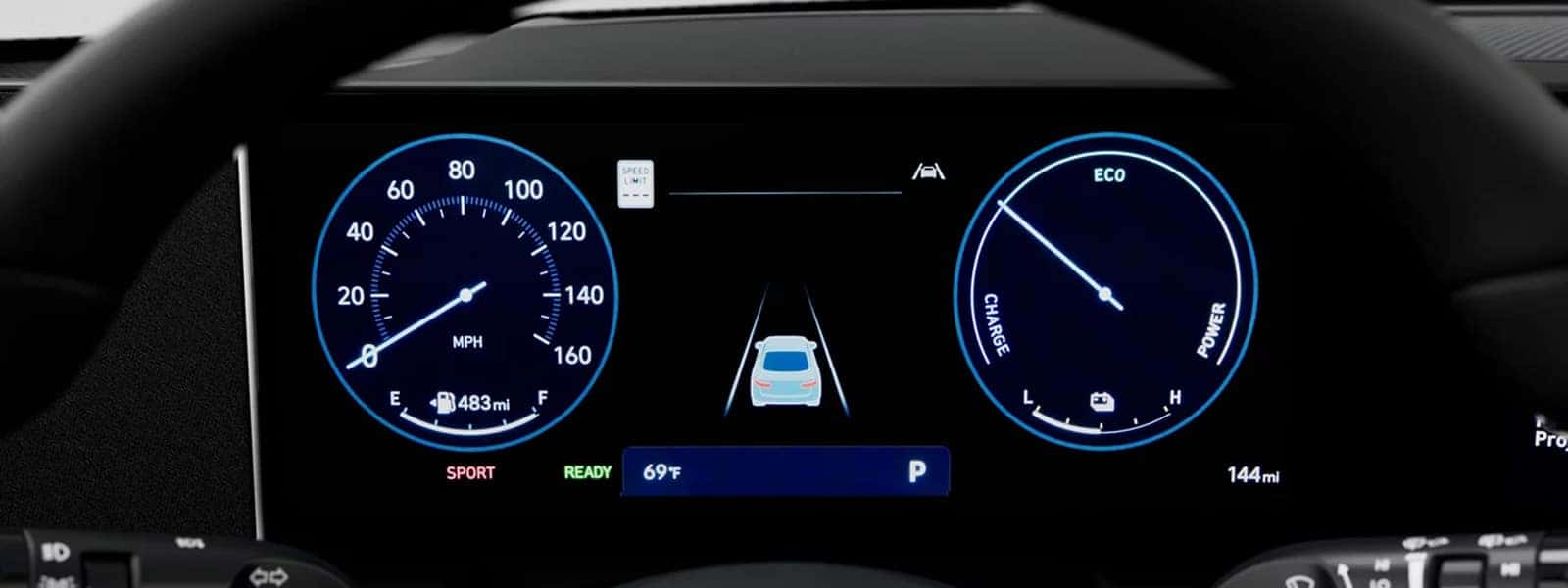 Digital instrument cluster inside the 2026 Hyundai Sonata Hybrid showing hybrid power gauge, speedometer, EV indicators, and driver assistance lane display