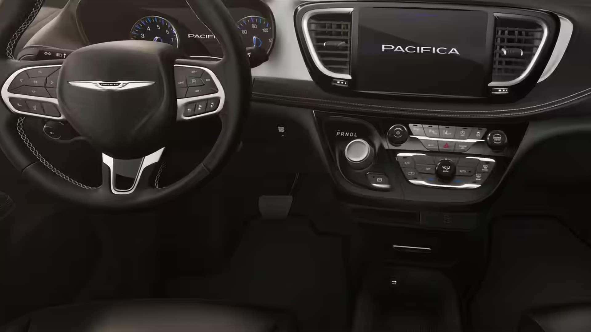 2026 Chrysler Pacifica driver cockpit with steering wheel controls, digital gauge cluster, and 10.1-inch Uconnect 5 touchscreen
