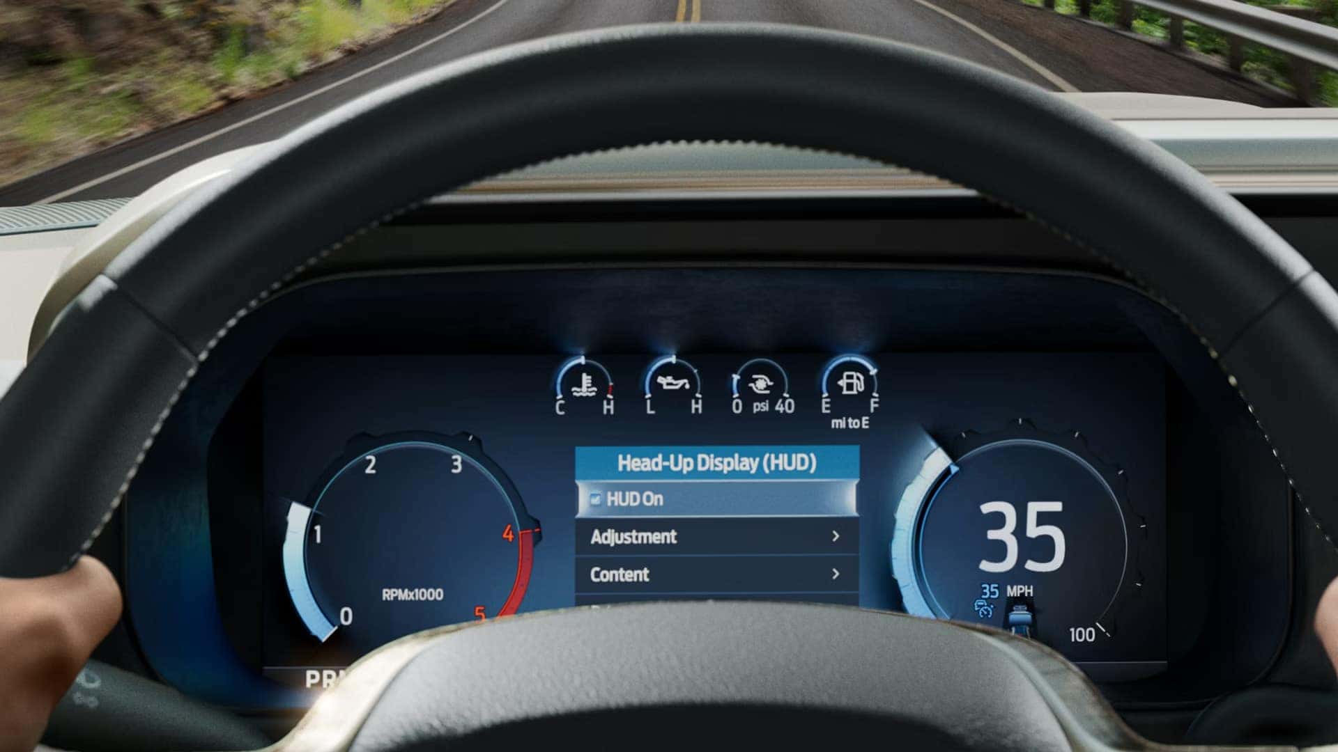 12 inch digital instrument cluster in 2026 Ford F-250 Super Duty displaying speed, gauges, and head up display settings